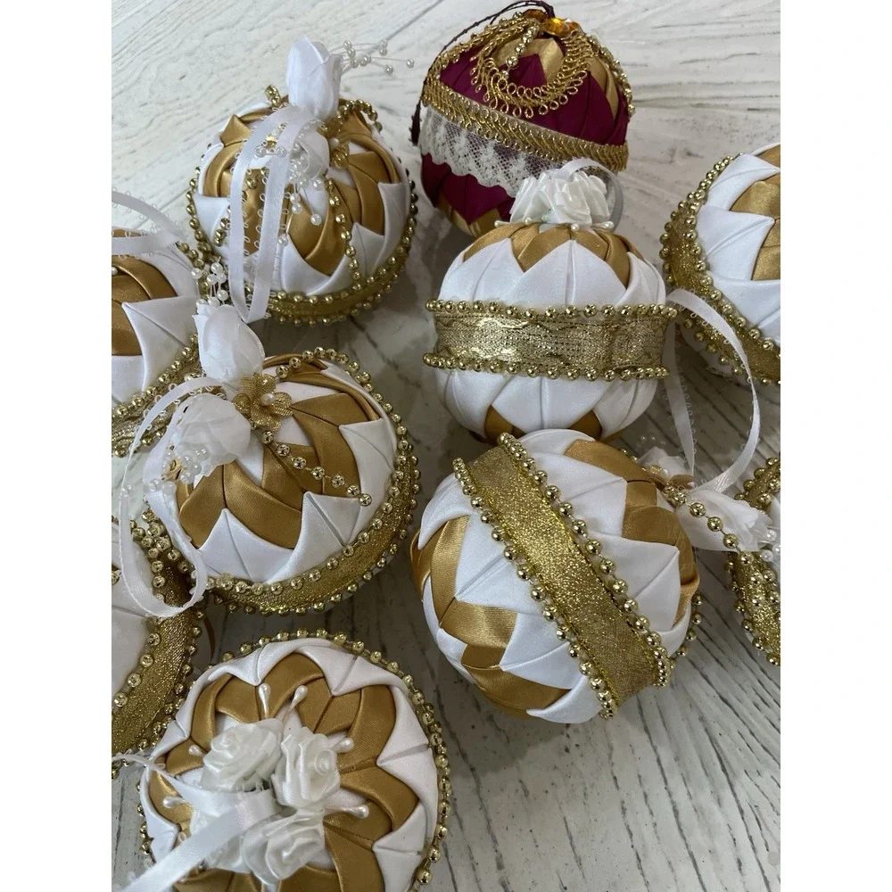 Vtg Handmade Folded Star Quilted Fabric Christmas Ornaments Gold White Lot of 10